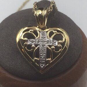 Gold Plated Sterling Silver Heart Pendant Religious Theme 18” 4.8 Grams